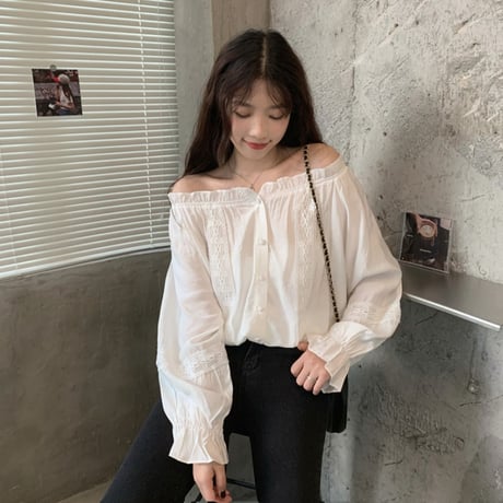 2way ブラウス シャーリングネック 長袖 韓国ファッション レディース 大人可愛い ガーリー レトロ DTC-627969886702