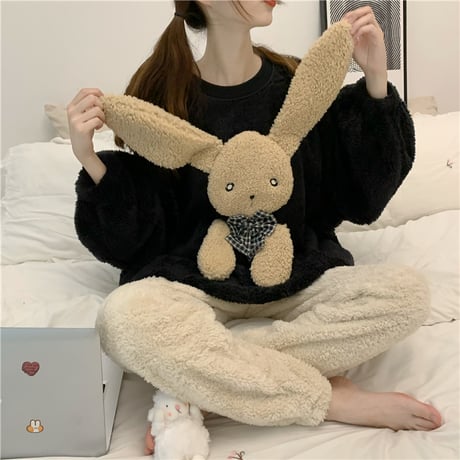 ルームウェア パジャマ セットアップ フリース トップス + パンツ ラビット うさぎ 長袖 上下セット 長袖 韓国ファッション レディース もこもこ ガーリー 627109268664