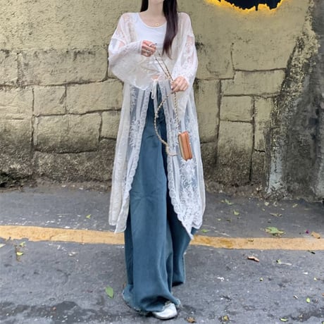 レースカーディガン ロングカーディガン シアー かぎ針編み 刺繍 Vネック ルーズ 長袖 レトロ 韓国ファッション レディース 大人可愛い ガーリー DTC-771366373764