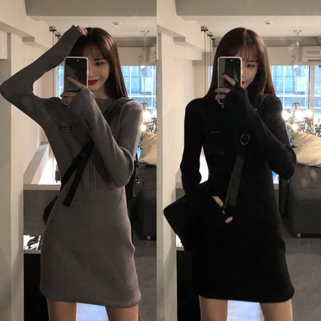 ニットワンピース リブニット ハーフジップ ニット タイト スリムフィット スリムニット 韓国ファッション レディース 大人可愛い ガーリー DTC-651165316074