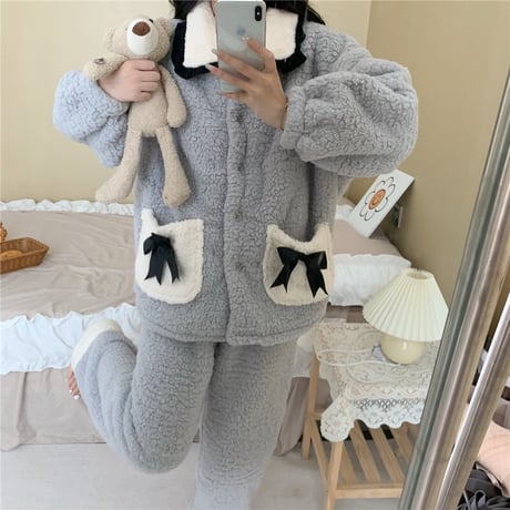 ルームウェア パジャマ セットアップ 上下セット 襟付き リボン もこもこ ボア フリース 部屋着 寝間着 韓国ファッション レディース 大人可愛い ガーリー DTC-688079182363
