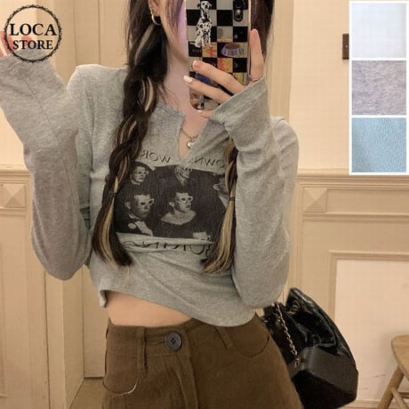 【3カラー】 Tシャツ 長袖 キーネック ショート丈 ロンT カットソー レトロ 韓国ファッション レディース 大人可愛い ガーリー カジュアル DTC-666641340557