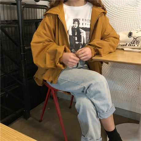 マウンテンパーカー レディース ライトアウター ジャケット ボリューム袖 パフ袖 イエロー 大きいフード 大人カジュアル 春 秋 韓国ファッション (DTC-601887049923_2)