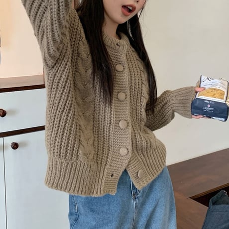 【4カラー】 ニットカーディガン ケーブル編み ショート丈 ルーズ ニット トップス 長袖 レトロ 韓国ファッション レディース 大人可愛い ガーリー DTC-686921734623