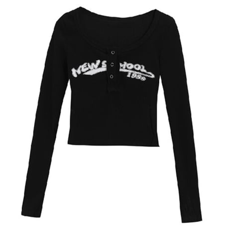 トップス ヘンリーネック ショート丈 ロンT スリムフィット tシャツ ロゴプリント 長袖 レトロ 韓国ファッション レディース 大人可愛い ガーリー DTCA-679030212102