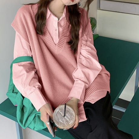2点セット シャツ ニットベスト Vネック レイヤード ゆったり トップス レトロ 韓国ファッション レディース 大人可愛い ガーリー カジュアル DTC-652316612772