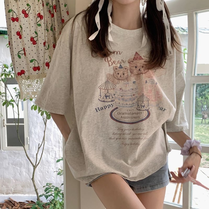 Tシャツ 半袖 クマちゃんプリント かわいい トップス クルー Tシャツ 半袖 クマちゃんプリント かわいい トップス クルー