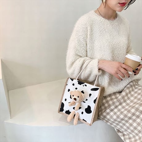 クマのぬいぐるみ付き 麻バッグ リネン ハンドバッグ キャンバスバッグ ミニバッグ ジッパー シンプル レトロ DTC-632445318533