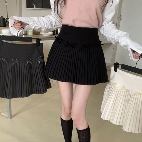プリーツスカート リボン ミニスカート ハイウエスト Aライン スカート 脚長 レトロ 大人可愛い ガーリー 韓国ファッション レディース カジュアル フェミニン DTCA-837145949061