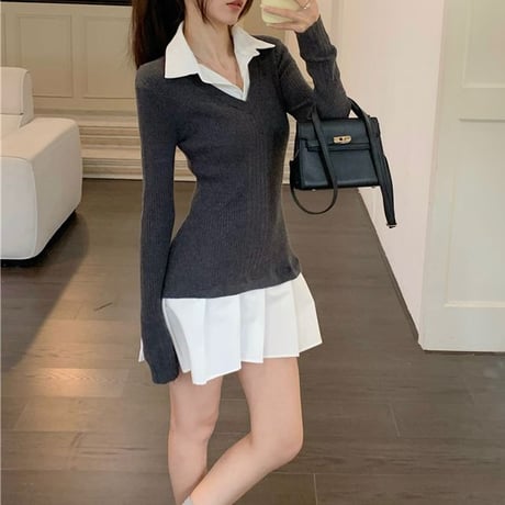フェイクレイヤード ワンピース ドッキングワンピース ニット プリーツ スリムフィット Aライン 長袖 レトロ 韓国ファッション レディース 大人可愛い ガーリー DTCA-769852936406