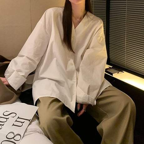 ノーカラー シャツ Vネック ルーズ ブラウス 長袖 レトロ 韓国ファッション レディース 大人可愛い ガーリー DTC-733875125653