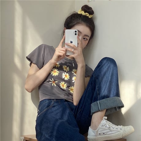 Tシャツ 半袖 袖切りっぱなし ショート丈 フラワー 花 グレー カジュアル レトロ 韓国ファッション レディース 大人可愛い ガーリー DTC-614247121002_gr