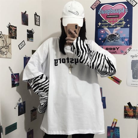 フェイクレイヤード ドッキングトップス tシャツ ロンT ゼブラ柄 長袖 レトロ 韓国ファッション レディース 大人可愛い ガーリー カジュアル ストリート系 DTC-625297358508