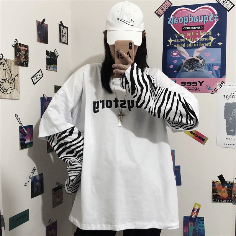 フェイクレイヤード ドッキングトップス tシャツ ロンT ゼブラ柄 長袖