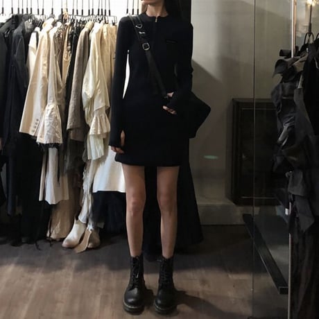 ニットワンピース リブニット ハーフジップ ニット タイト スリムフィット スリムニット 韓国ファッション レディース 大人可愛い ガーリー DTC-651165316074