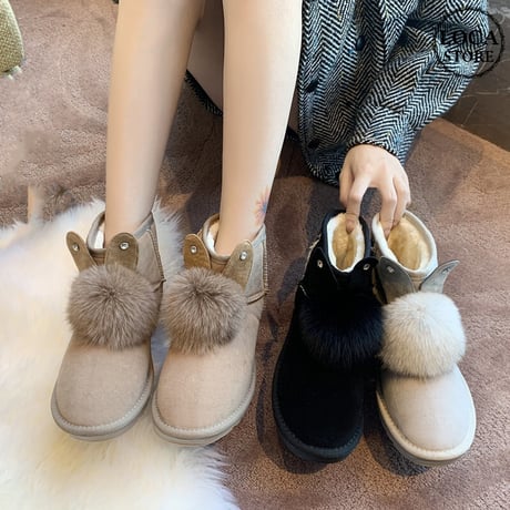 ウサギの耳付き ムートンブーツ 22.5～25.0cm 韓国ファッション レディース ファーブーツ 防寒 もこもこ 履きやすい カジュアル 631262892415