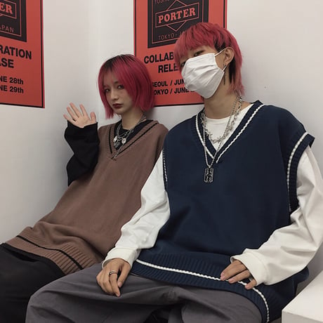 ユニセックス ニットベスト Vネック ライン 韓国ファッション メンズ レディース ベスト ルーズ セーター シンプル ストリート カジュアル DTC-605330546241