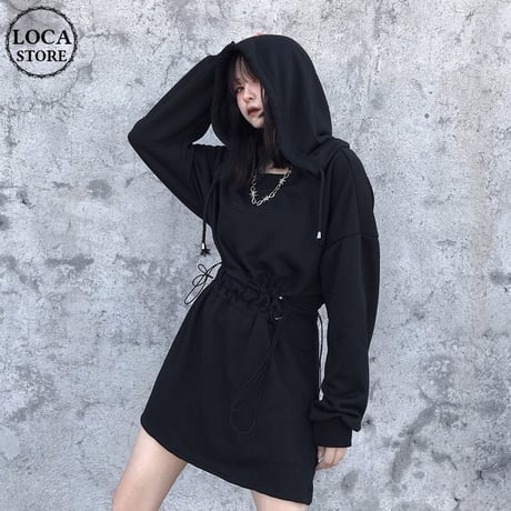 パーカーワンピース ウエストコード 刺繍 韓国ファッション レディース ワンピース ミニ丈 ゆったり ハイウエスト 長袖 大人可愛い ガーリー DTC-625440948860