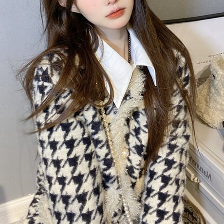 千鳥格子柄 ボア ジャケット カーディガン アウター ノーカラージャケット チェック柄 韓国ファッション レディース レトロ 大人可愛い ガーリー DTC-657464640943