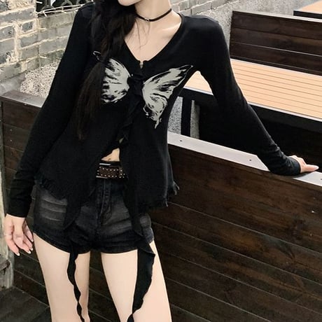 トップス 長袖 バタフライ プリント 不規則デザイン Vネック フリル リボン スリムフィット Tシャツ レトロ 韓国ファッション レディース 大人可愛い ガーリー DTCA-828604186140