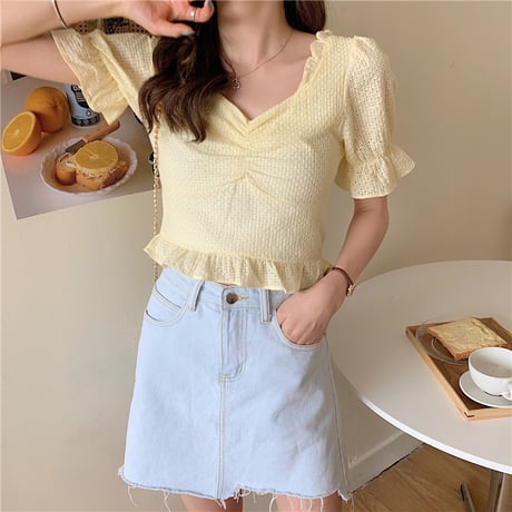 ブラウス ショート丈 半袖 韓国ファッション レディース トップス フレア レーストップス シフォン 透け感 穴あき フレアスリーブ ガーリー 619020960448