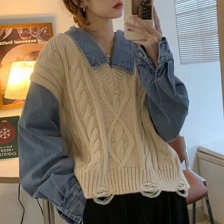 フェイクレイヤード ドッキングトップス デニムシャツ ニットベスト ケーブル編み ルーズ 長袖 韓国ファッション レディース 大人可愛い ガーリー カジュアル DTC-656075758245