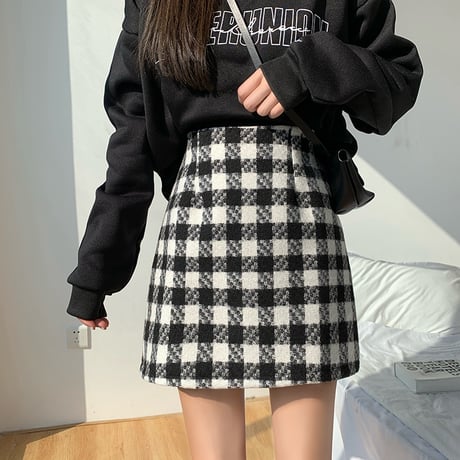 チェック柄 ウール混 タイトミニスカート 韓国ファッション レディース ミニスカート ハイウエスト 大人可愛い ガーリー DTC-630293926918