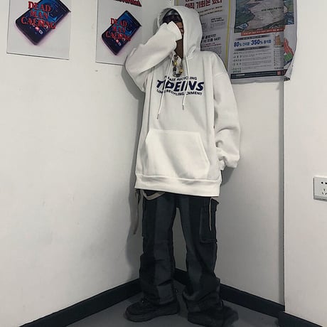 ユニセックス パーカー プルオーバー プラスベルベット ホワイト グレー 長袖 オーバーサイズ ゆったり カジュアル ストリートファッション DTC-606297076811