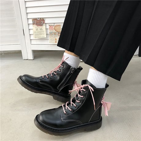 ショートブーツ バックリボン 22.5～24.5cm サイドファスナー シューレース ブーツ 歩きやすい 履きやすい ガーリー DTC-633346516603
