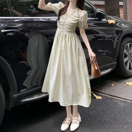 ワンピース プリーツ 半袖 肩開き ハイウエスト ロング丈 Aライン レトロ 韓国ファッション レディース 大人可愛い ガーリー DTC-717976721684