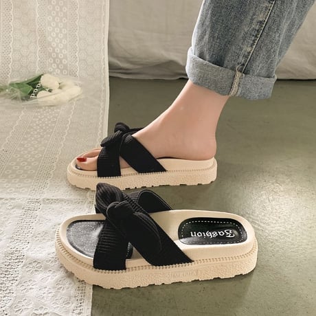 クロスデザイン リボン 厚底サンダル 22.5～25.0cm スリッパ サンダル オープントゥ フラットヒール 厚底 美脚効果 韓国ファッション レディース DTC-640513581984