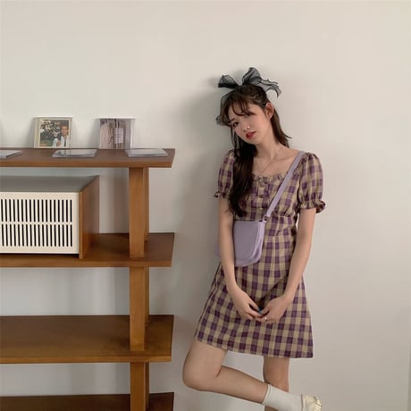 2way ワンピース スクエアネック オフショルダー 韓国ファッション レディース バブルスリーブ ハイウエスト Aライン ミニ丈 シンプル ガーリー DTC-616045068671
