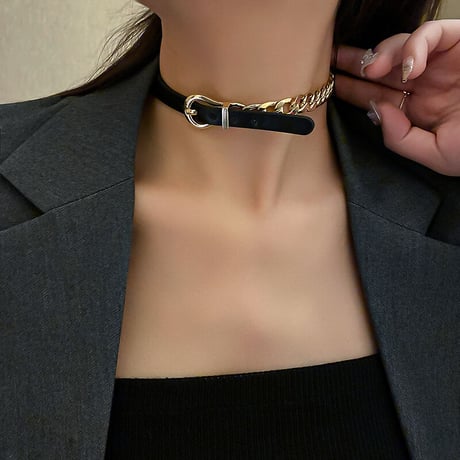 ベルトバックルモチーフ チョーカー PUレザー スネークチェーン ネックレス アクセサリー 合金 メッキ シンプル ジュエリー DTC-632733218175