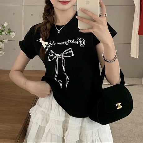 リボンプリント Tシャツ 半袖 クルーネック トップス レタープリント シンプル ルーズ レトロ 大人可愛い ガーリー カジュアル DTCA-775047425133
