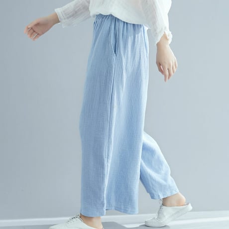 レディース ワイドレッグパンツ パステルカラー ゆったりウエストゴム 両サイドポケット 韓国ファッション (DCT-590829367634)