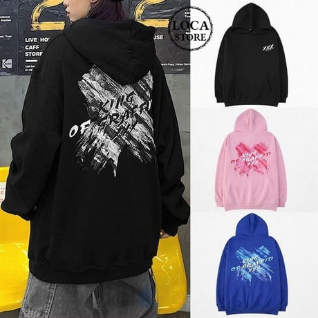 ユニセックス プルオーバー パーカー 裏起毛 韓国ファッション メンズ レディース X文字 バツ プリント オーバーサイズ ストリート DTC-611092783031