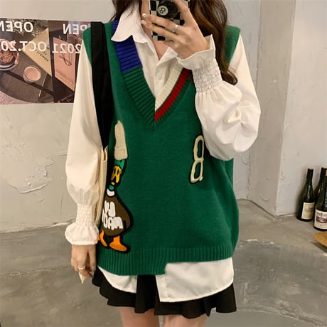 ニットベスト Vネック 不規則デザイン マガモ マルチカラー ルーズ シンプル レトロ 韓国ファッション レディース ガーリー カジュアル DTC-666231453890