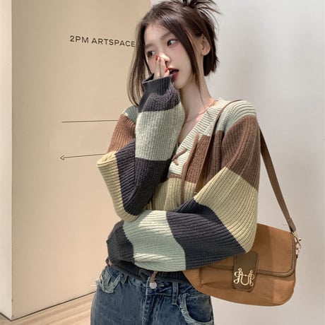 ボーダー柄 ニット 編み上げ 配色 ボーダーニット トップス ショート丈  ルーズ 長袖 レトロ 韓国ファッション レディース 大人可愛い ガーリー カジュアル DTC-687000524232