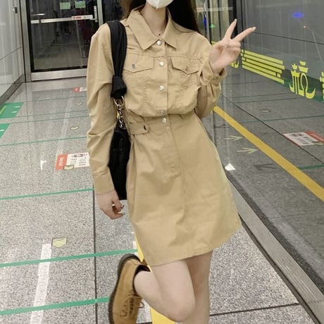 ミリタリー風 シャツワンピース ハイウエスト ポケット 長袖 ワンピース レトロ 韓国ファッション レディース 大人可愛い ガーリー カジュアル DTC-680373706455
