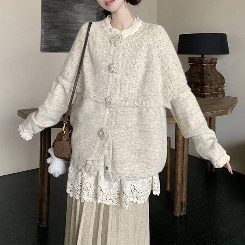 セットアップ 3点セット カーディガン フラワーモチーフ レース