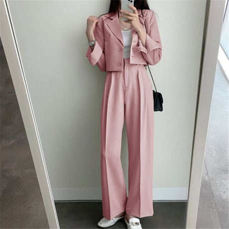 セットアップ 2点セット ショートジャケット ワイドパンツ ショート丈 テーラードジャケット タックパンツ パンツスーツ 長袖 レトロ 大人可愛い DTCA-740940979194