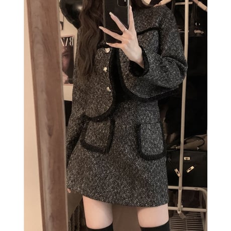 セットアップ ツイード ショートジャケット ミニスカート 上下セット 長袖 ハイウエスト レトロ 韓国ファッション レディース 大人可愛い ガーリー DTC-688545651558
