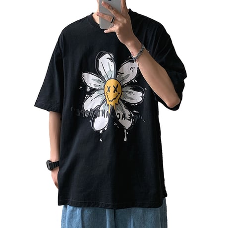 ユニセックス 半袖 Tシャツ メンズ レディース 落書き風 英字 フラワープリント オーバーサイズ 大きいサイズ ルーズ ストリート TBN-613570312634