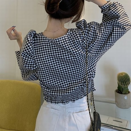 ブラウス シャツ 千鳥格子 チェック柄 Vネック ノーカラー ショート丈 パフスリーブ 長袖 レトロ 韓国ファッション レディース 大人可愛い ガーリー フェミニン DTC-665396622578