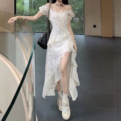 ワンピース 不規則デザイン フリル 2WAY スクエアネック オフショルダー パフスリーブ Aライン 半袖 レトロ 韓国ファッション レディース 大人可愛い ガーリー DTC-801946879202