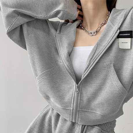 ジップアップ パーカー ショート丈 薄手 トップス ワッフル フーディー ロゴ ルーズ 長袖 レトロ 大人可愛い ガーリー カジュアル DTCA-687492803000