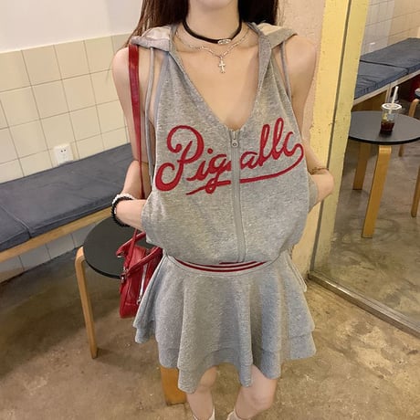 セットアップ フード付き ノースリーブ トップス ジップアップ ティアードミニスカート インパン レトロ 韓国ファッション 大人可愛い ガーリー スポーツミックス DTC-810634661005