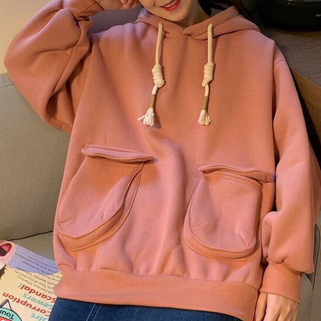 パーカー トップス 裏起毛 プラスベルベット プルオーバー ポケット シンプル ルーズ レトロ 韓国ファッション レディース ガーリー カジュアル DTC-654678669644