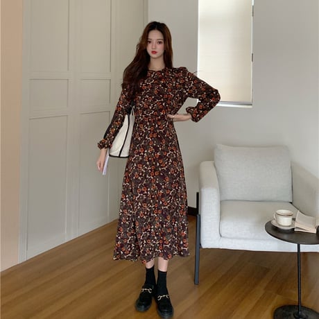 花柄 ワンピース ロング丈 長袖 フェミニン 韓国ファッション レディース ラウンドネック ハイウエスト ゆったり 大人可愛い ガーリー DTC-628676263373