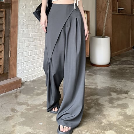 アシンメトリー モップパンツ ワイドパンツ タック ドレープ ハイウエスト ルーズ レトロ 韓国ファッション レディース 大人可愛い ガーリー DTC-778588912089